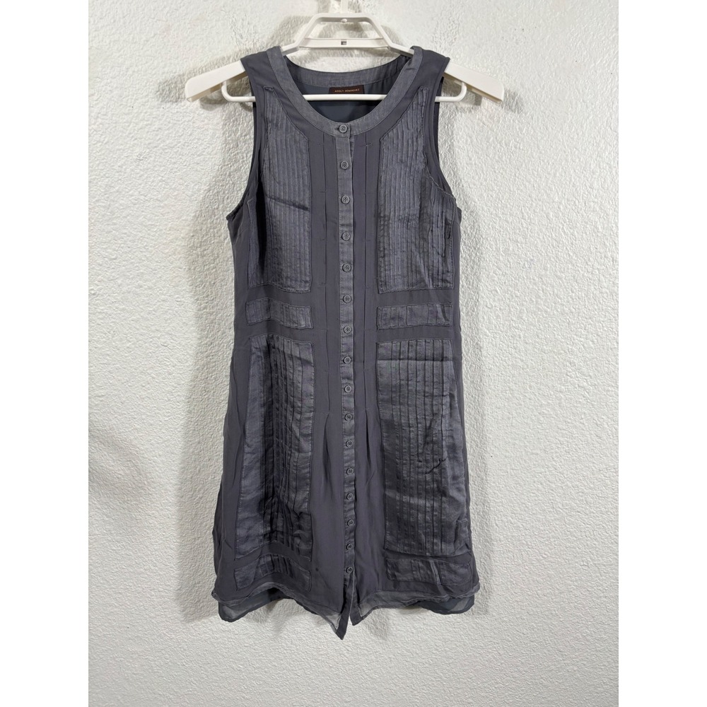 Adolfo Dominguez Grey Silk Sleeveless Pintuck Pleated Button Front Dress Small